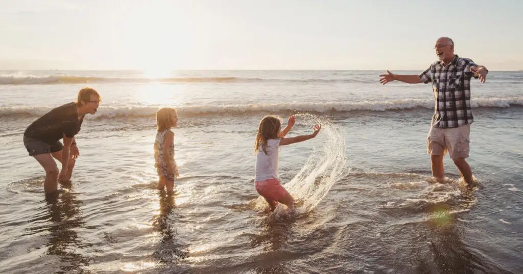Family plays in the water